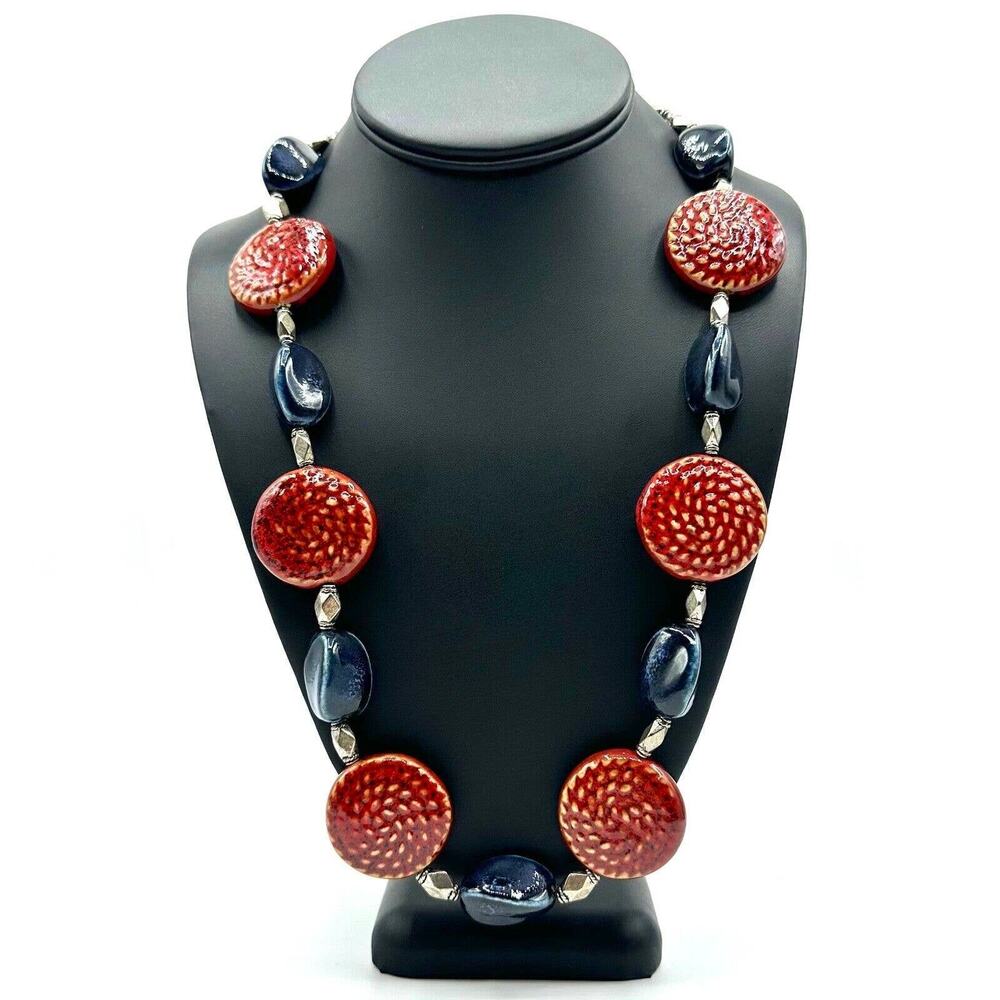VTG Ceramic Fired Bead Necklace Red Blue Round Disc Nautical Silver Tone 24"